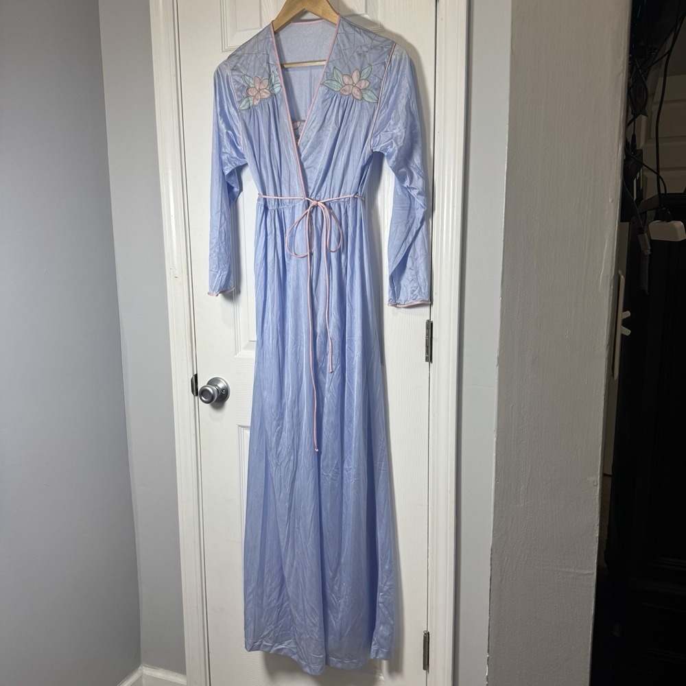 VTG Gilead Blue Pink Peignoir Nightgown Robe Embroidered Appliqué Nylon Small